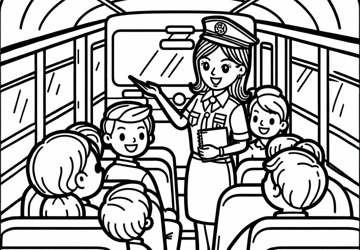 Reiseleiterin koordiniert Gruppe in einem Bus – Ausmalbild kostenlos