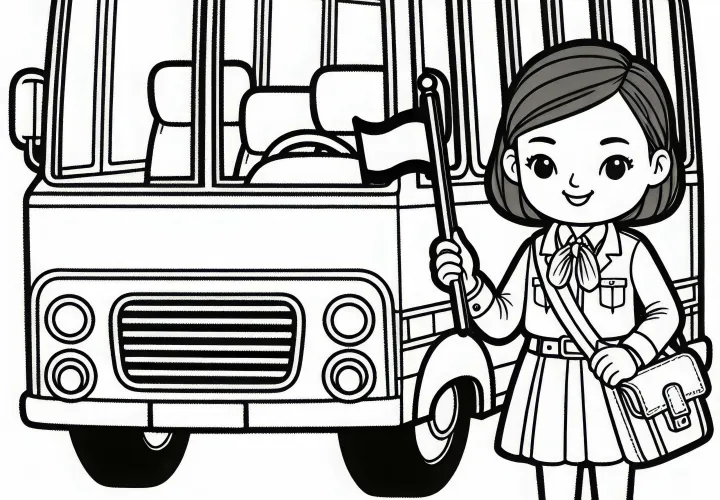 Reisebus mit Reiseleiterin – Ausmalbild einfach kostenlos