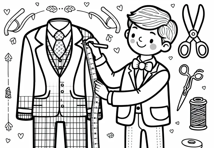 Schneider misst Anzug aus – Ausmalbild kostenlos