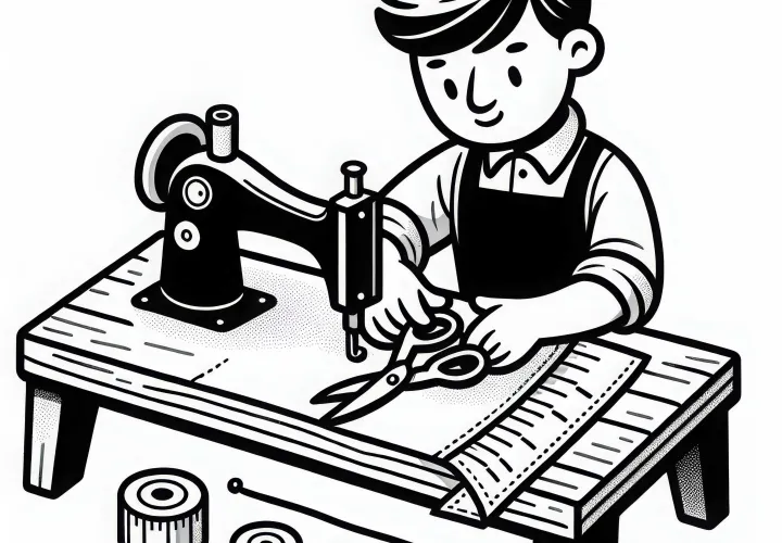 Schneider schneidet Stoff mit Schere – Kostenlose Ausmalvorlage