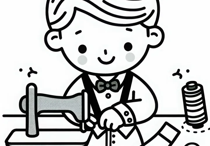 Schneider näht Knöpfe an ein Hemd – Ausmalbild kostenlos