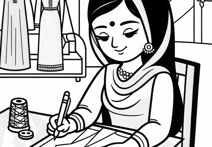 Schneiderin zeichnet Schnittmuster auf Papier – Ausmalbild kostenlos