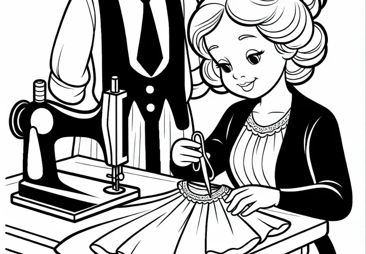 Schneiderin kontrolliert fertiges Kleidungsstück – Ausmalbild kostenlos