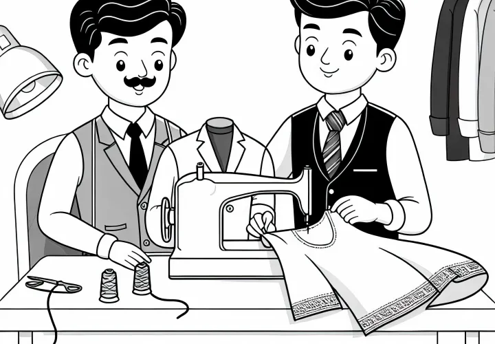 Schneider näht Kleid an Nähmaschine – Ausmalbild kostenlos