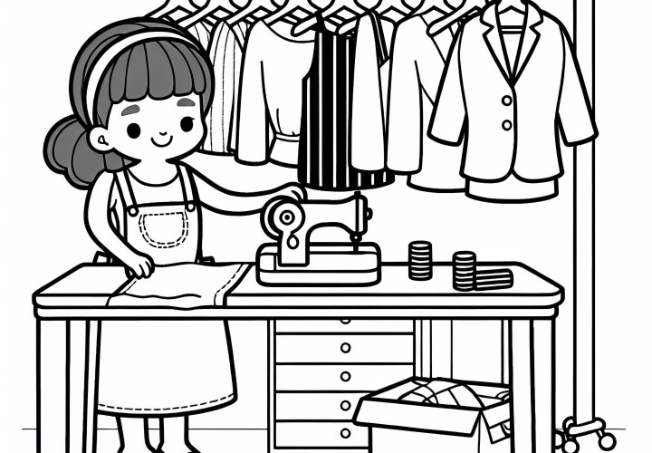 Costureira organiza peças de roupa prontas - Modelo de colorir gratuito