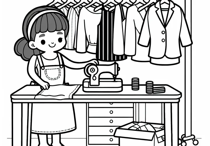 Schneiderin arrangiert fertige Kleidungsstücke - Malvorlage kostenlos