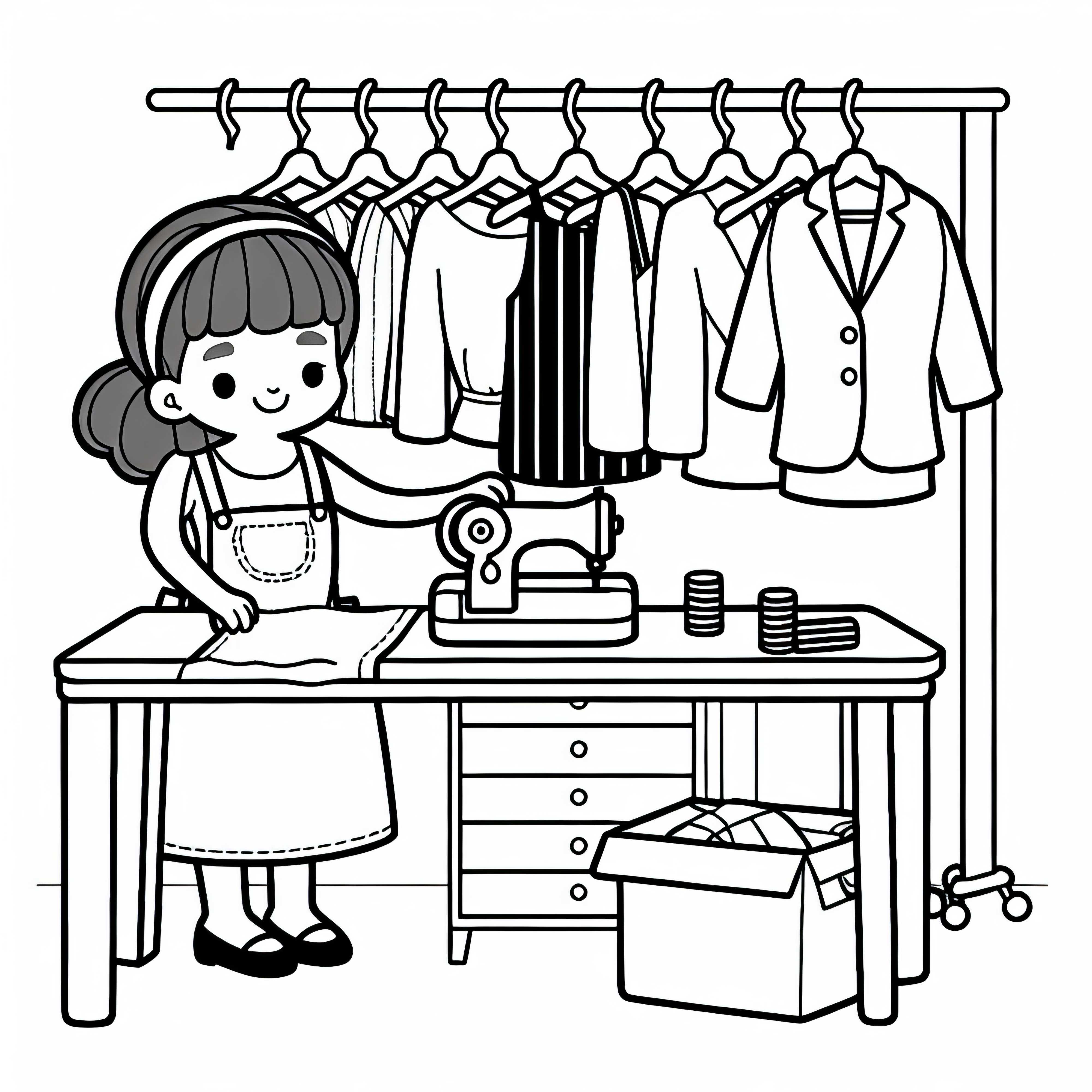 Costureira organiza roupas prontas - Desenho para colorir grátis