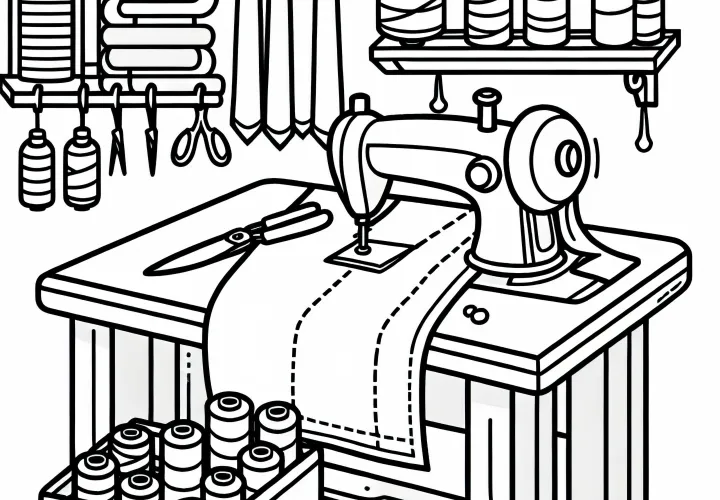 Stoffrollen im Atelier eines Schneiders – Malvorlage kostenlos