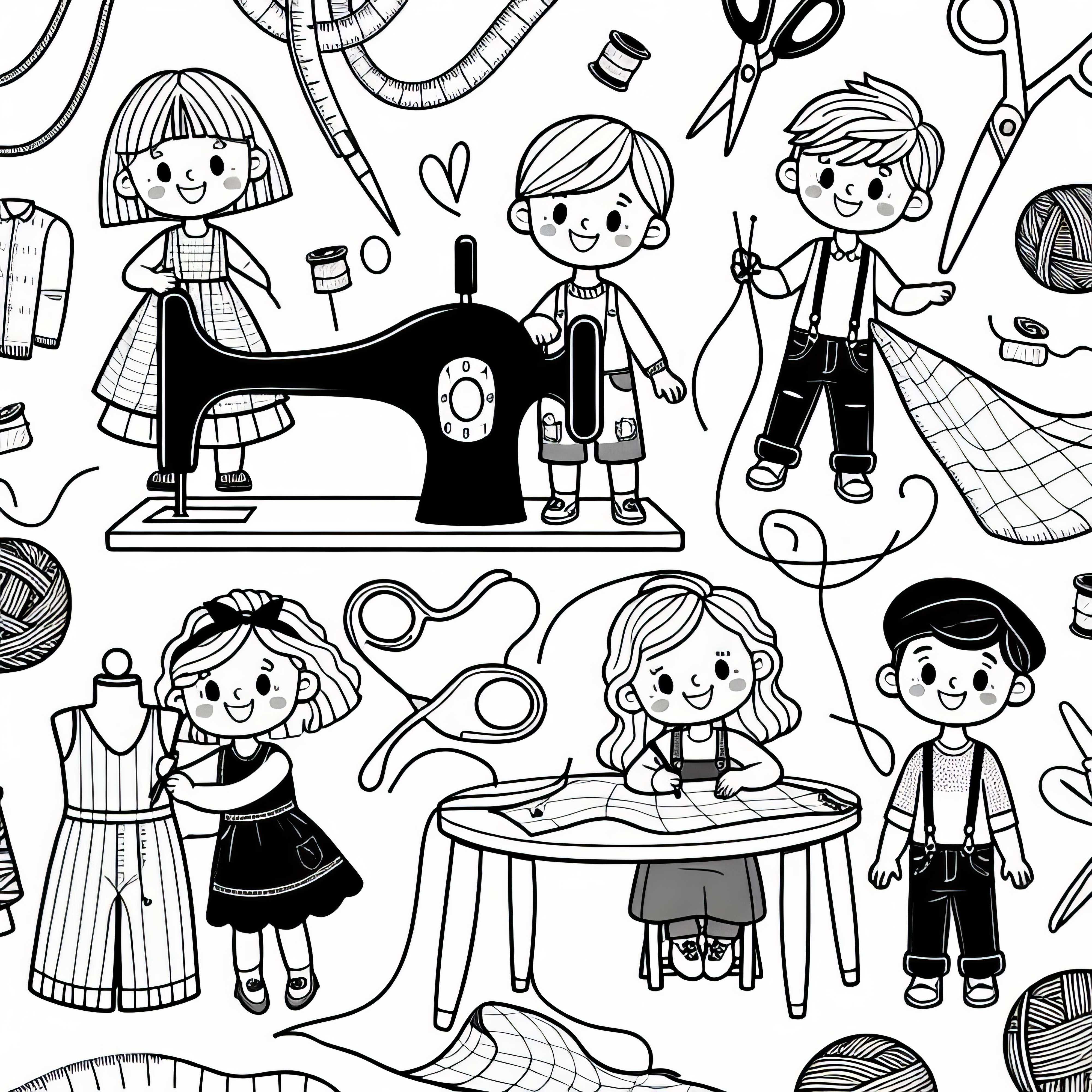 Crianças criam sua própria moda como costureiras – Desenho para colorir gratuito