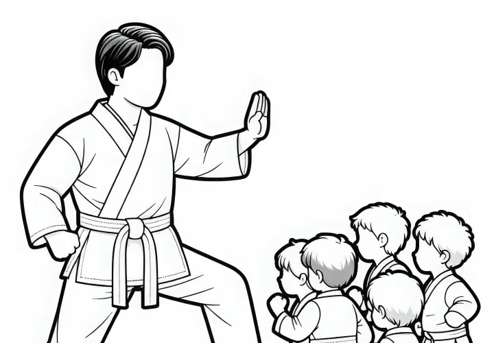 Karatetrainer zeigt Schülern Karategriff Malvorlage kostenlos