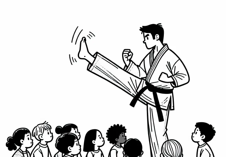 Karatetrainer führt Demonstration vor der Gruppe durch – Ausmalbild kostenlos