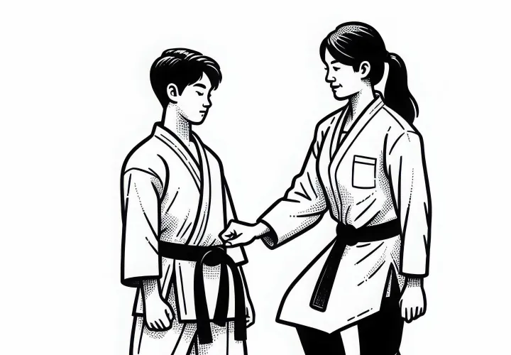 Karatetrainerin korrigiert die Haltung eines Schülers – Malvorlage kostenlos