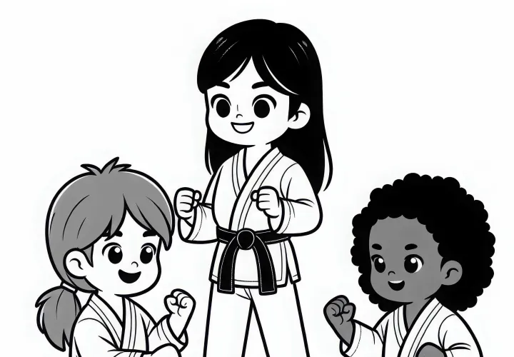 Karatetrainerin beaufsichtigt Schüler beim Kampftraining – Ausmalbild gratis