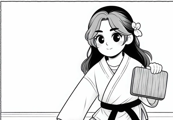 Die Karatetrainerin trainiert mit Holzbrett zum Zerschlagen – Ausmalbild gratis