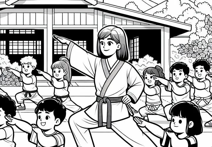 Karatetrainerin führt Dehnübungen mit Schülern durch – Malvorlage gratis