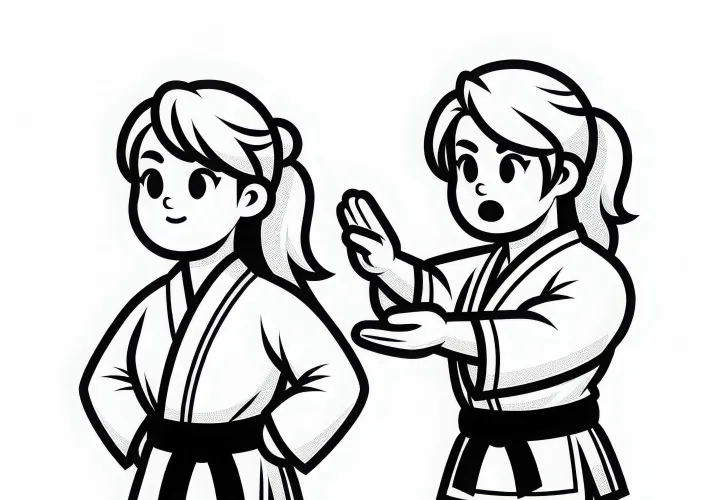 Karatetrainerin gibt Kommandos in einer Kata Malvorlage