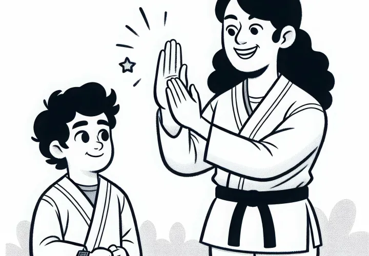 Karatetrainer lobt Schüler nach Prüfung – Ausmalbild kostenlos