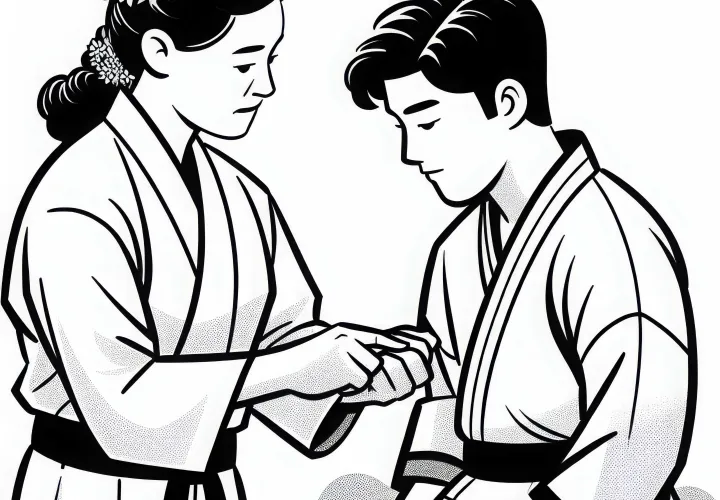 Karatetrainerin bereitet Schüler auf Wettkampf vor – Malvorlage kostenlos