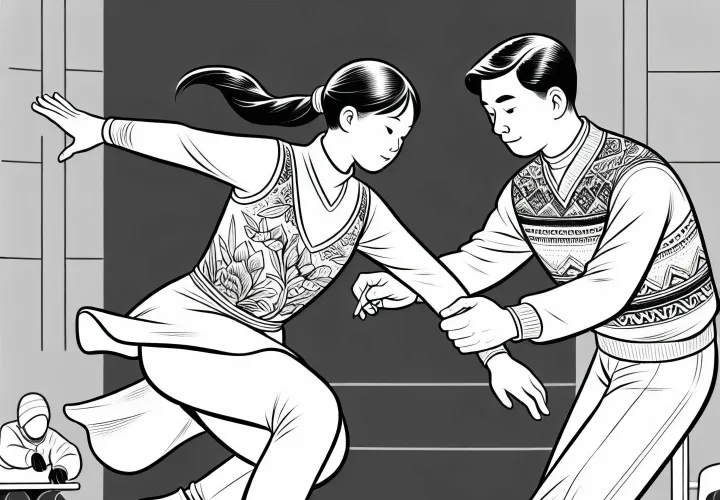 Eiskunstläuferin trainiert mit Trainer – Ausmalbild kostenlos