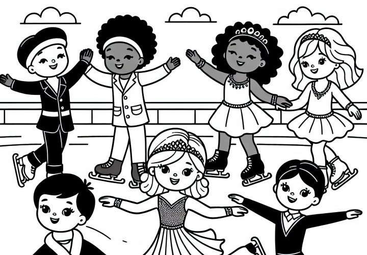 Niños como patinadores de hielo en la pista de hielo - Descarga gratuita de la plantilla para colorear