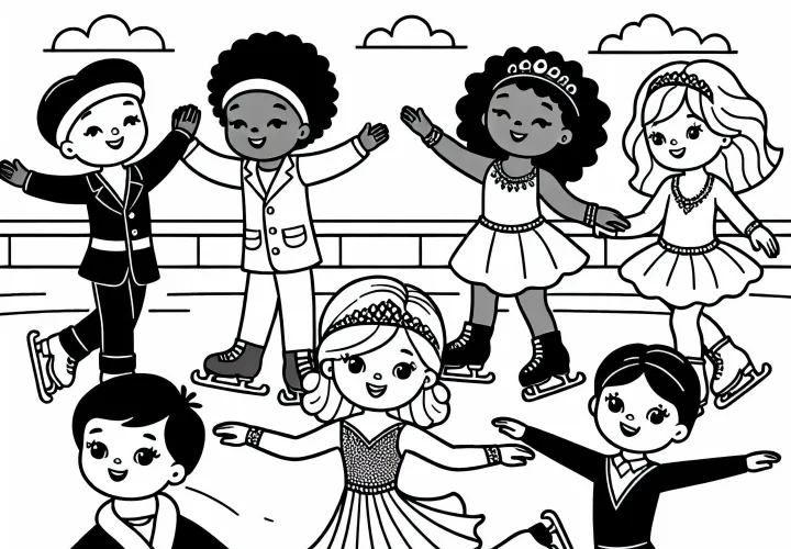 Kinder als Eiskunstläufer auf der Eisbahn – Malvorlage kostenlos herunterladen