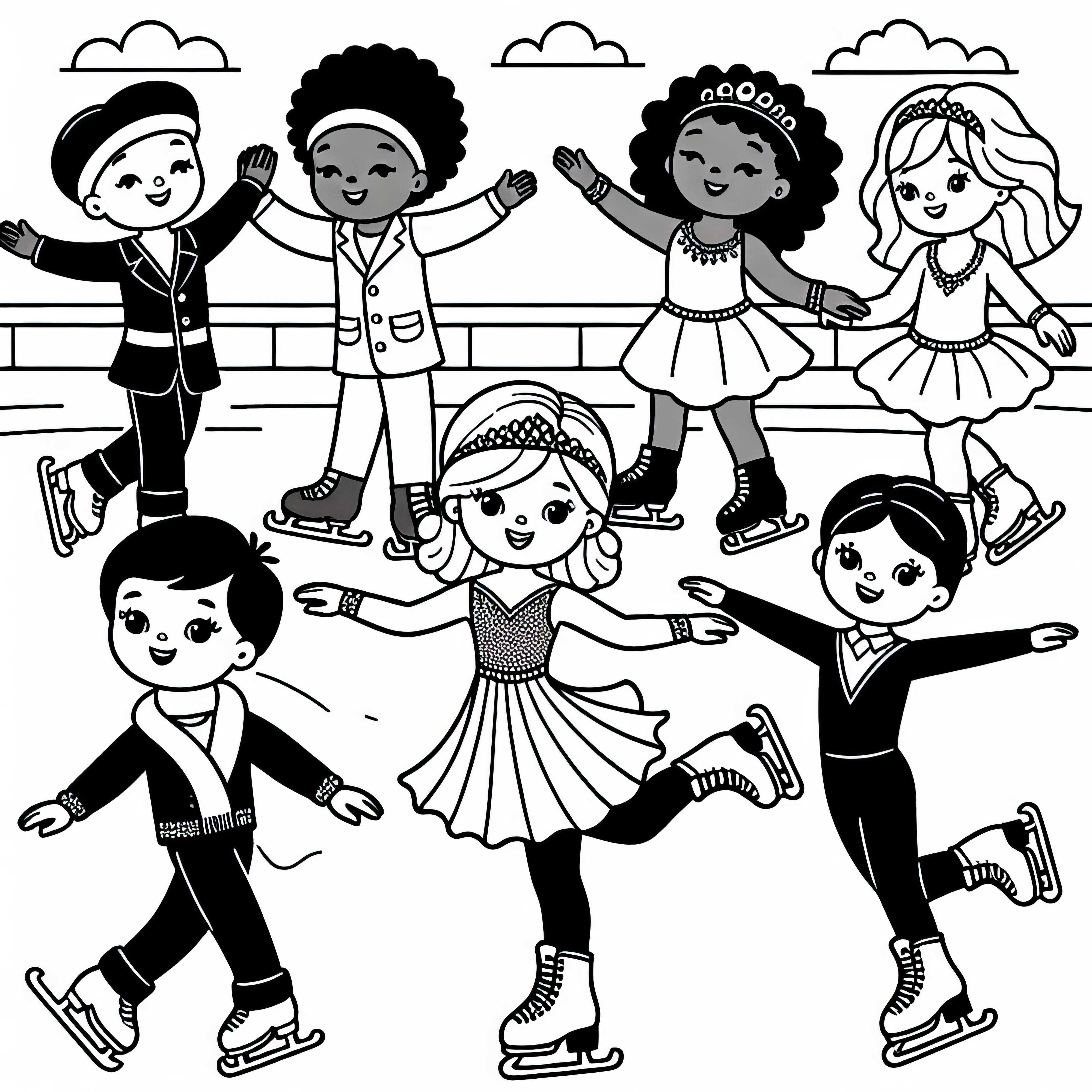Niños patinando sobre hielo en la pista de hielo - Plantilla para colorear para descargar gratis