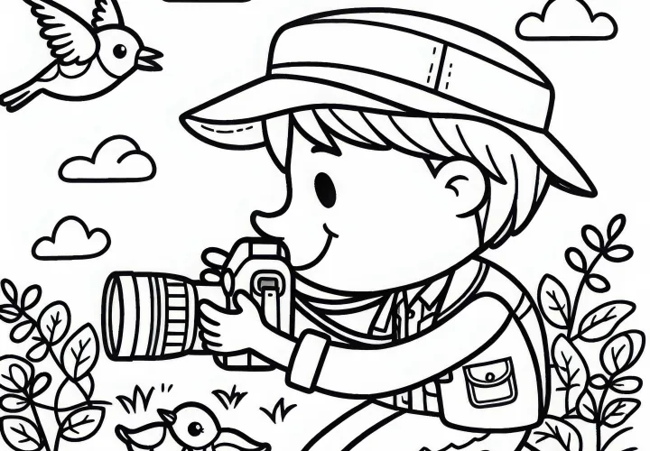 Tierfotograf fotografiert Vögel in der Natur – Ausmalbild gratis