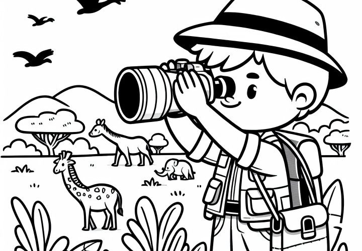 Tierfotograf beobachtet Tiere mit Fernglas – Ausmalbild kostenlos Tierfotograf beobachtet Tiere mit Fernglas – Ausmalbild kostenlos