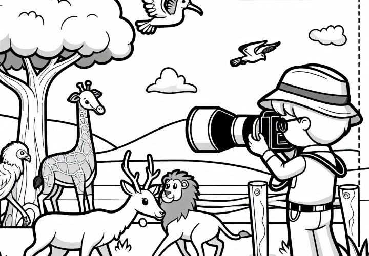Tierfotograf fotografiert Tiere in der Savanne – Ausmalbild kostenlos Tierfotograf fotografiert Tiere in der Savanne – Ausmalbild kostenlos
