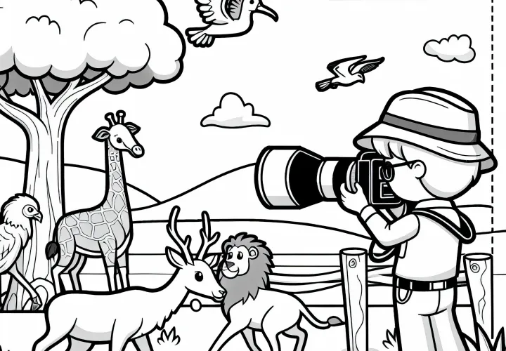 Tierfotograf fotografiert Tiere in der Savanne – Ausmalbild kostenlos