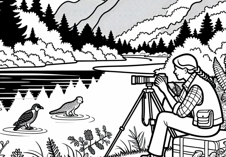 Tierfotografin wartet geduldig am See auf Tiere - Malvorlage kostenlos Tierfotografin wartet geduldig am See auf Tiere - Malvorlage kostenlos