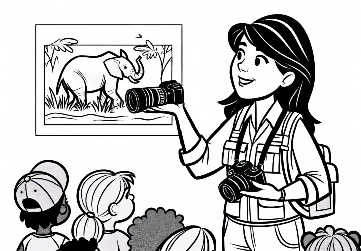 Tierfotografin erklärt einer Gruppe Fototechniken – Ausmalbild gratis Tierfotografin erklärt einer Gruppe Fototechniken – Ausmalbild gratis
