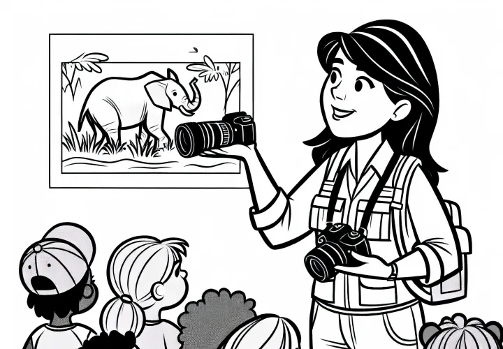 Tierfotografin erklärt einer Gruppe Fototechniken – Ausmalbild gratis