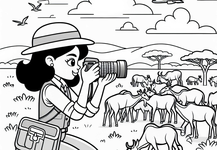 Tierfotografin fotografiert eine Herde in der Savanne – Malvorlage gratis Tierfotografin fotografiert eine Herde in der Savanne – Malvorlage gratis