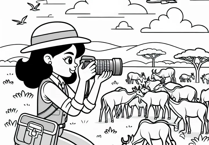 Tierfotografin fotografiert eine Herde in der Savanne – Malvorlage gratis