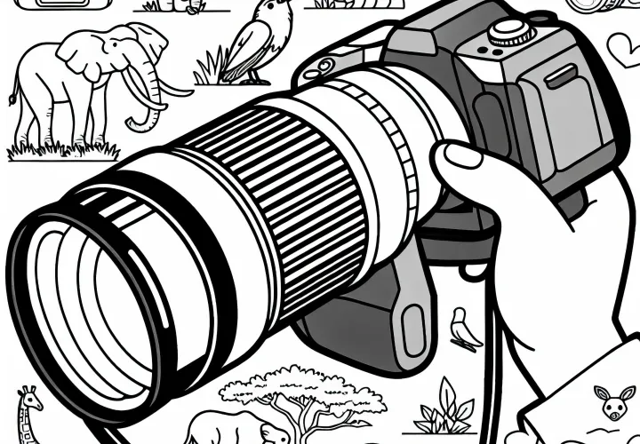 Hochwertiges Ausmalbild einer Kamera mit Teleobjektiv für Tierfotografen