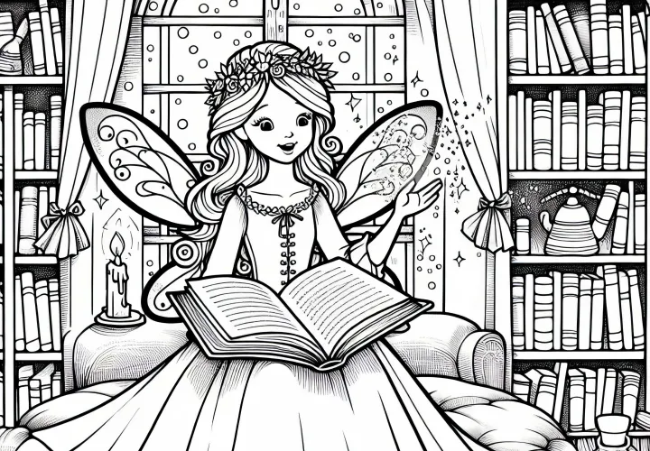 Märchenerzählerin im Feenkostüm – Ausmalbild kostenlos