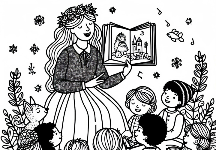 Märchenerzählerin liest Kindern Märchenbuch vor – Malvorlage gratis Märchenerzählerin liest Kindern Märchenbuch vor – Malvorlage gratis