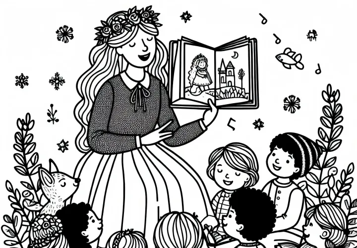 Märchenerzählerin liest Kindern Märchenbuch vor – Malvorlage gratis