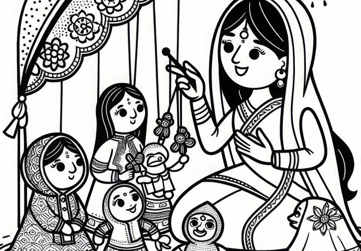 Märchenerzählerin inszeniert ein Märchen mit Handpuppen – Malvorlage gratis