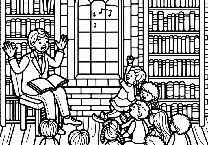 Märchenerzähler erzählt Geschichten in der Bibliothek – Malvorlage kostenlos Märchenerzähler erzählt Geschichten in der Bibliothek – Malvorlage kostenlos