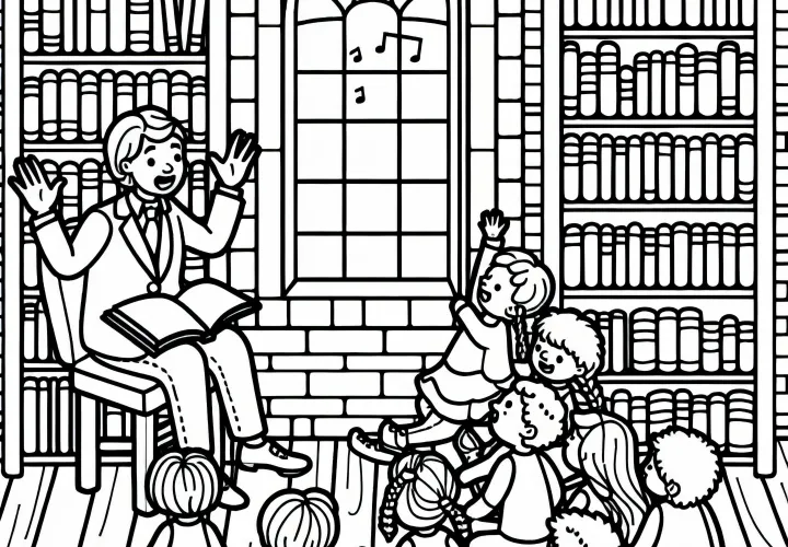Märchenerzähler erzählt Geschichten in der Bibliothek – Malvorlage kostenlos