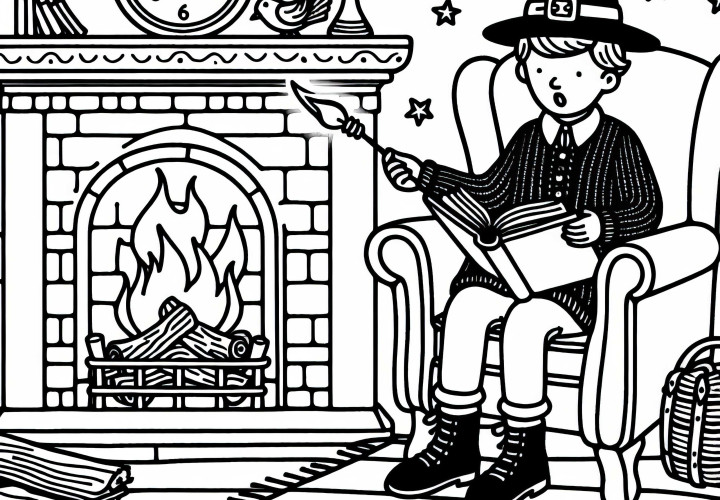 Märchenerzähler sitzt im Sessel vor dem Kamin – Ausmalbild kostenlos Märchenerzähler sitzt im Sessel vor dem Kamin – Ausmalbild kostenlos