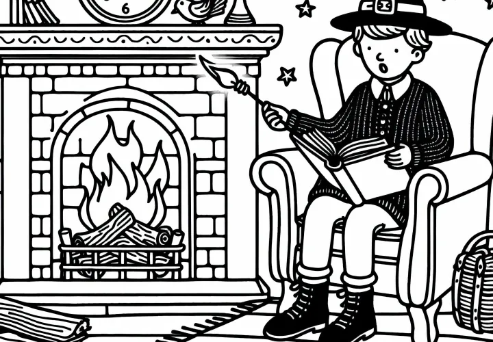 Märchenerzähler sitzt im Sessel vor dem Kamin – Ausmalbild kostenlos