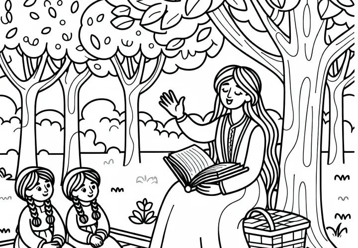 Märchenerzählerin erzählt unter Baum im Park – Ausmalbild kostenlos