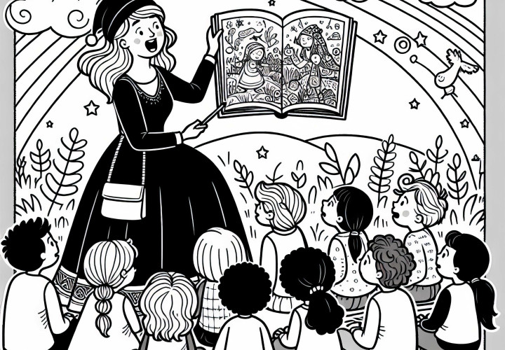 Märchenerzählerin zeigt Kindern Illustrationen aus Buch – Ausmalbild gratis Märchenerzählerin zeigt Kindern Illustrationen aus Buch – Ausmalbild gratis