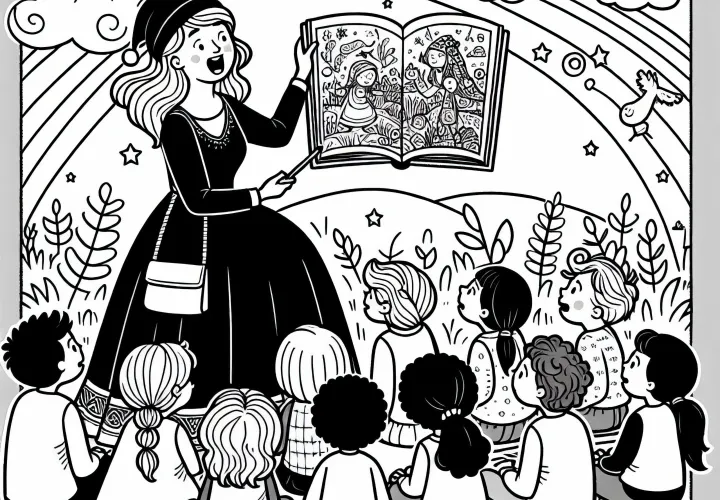 Märchenerzählerin zeigt Kindern Illustrationen aus Buch – Ausmalbild gratis