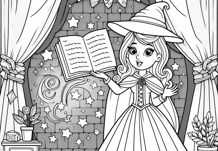 Märchenerzählerin führt Geschichte mit magischen Requisiten vor – Ausmalbild kostenlos