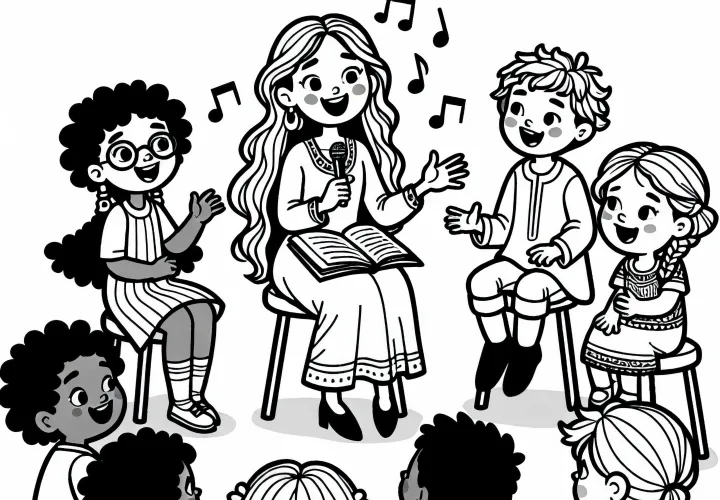 Kinder hören Märchenerzählerin als Ausmalbild kostenlos