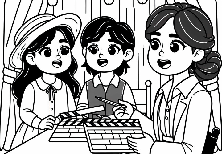 A director discusses a scene with actors - free coloring page